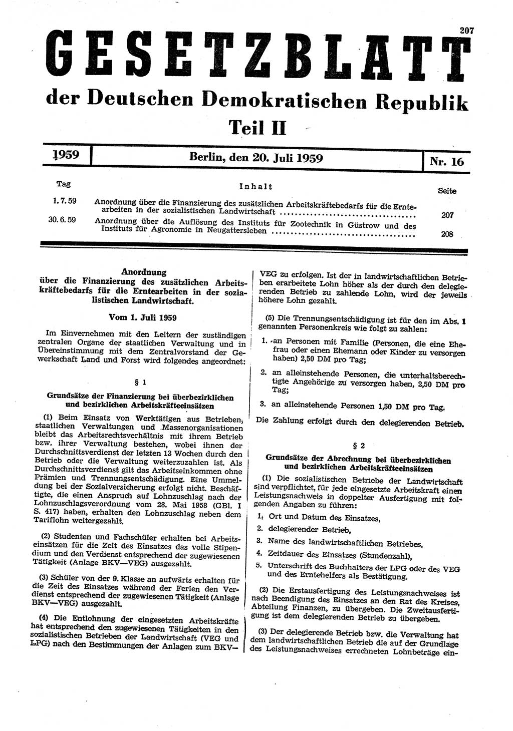 Gesetzblatt (GBl.) der Deutschen Demokratischen Republik (DDR) Teil ⅠⅠ 1959, Seite 207 (GBl. DDR ⅠⅠ 1959, S. 207)