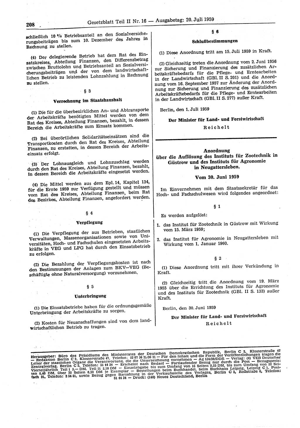 Gesetzblatt (GBl.) der Deutschen Demokratischen Republik (DDR) Teil ⅠⅠ 1959, Seite 208 (GBl. DDR ⅠⅠ 1959, S. 208)