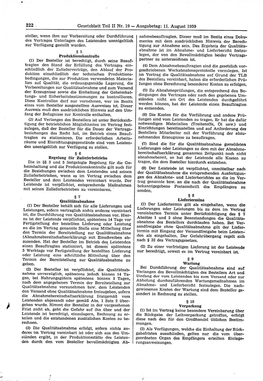 Gesetzblatt (GBl.) der Deutschen Demokratischen Republik (DDR) Teil ⅠⅠ 1959, Seite 222 (GBl. DDR ⅠⅠ 1959, S. 222)