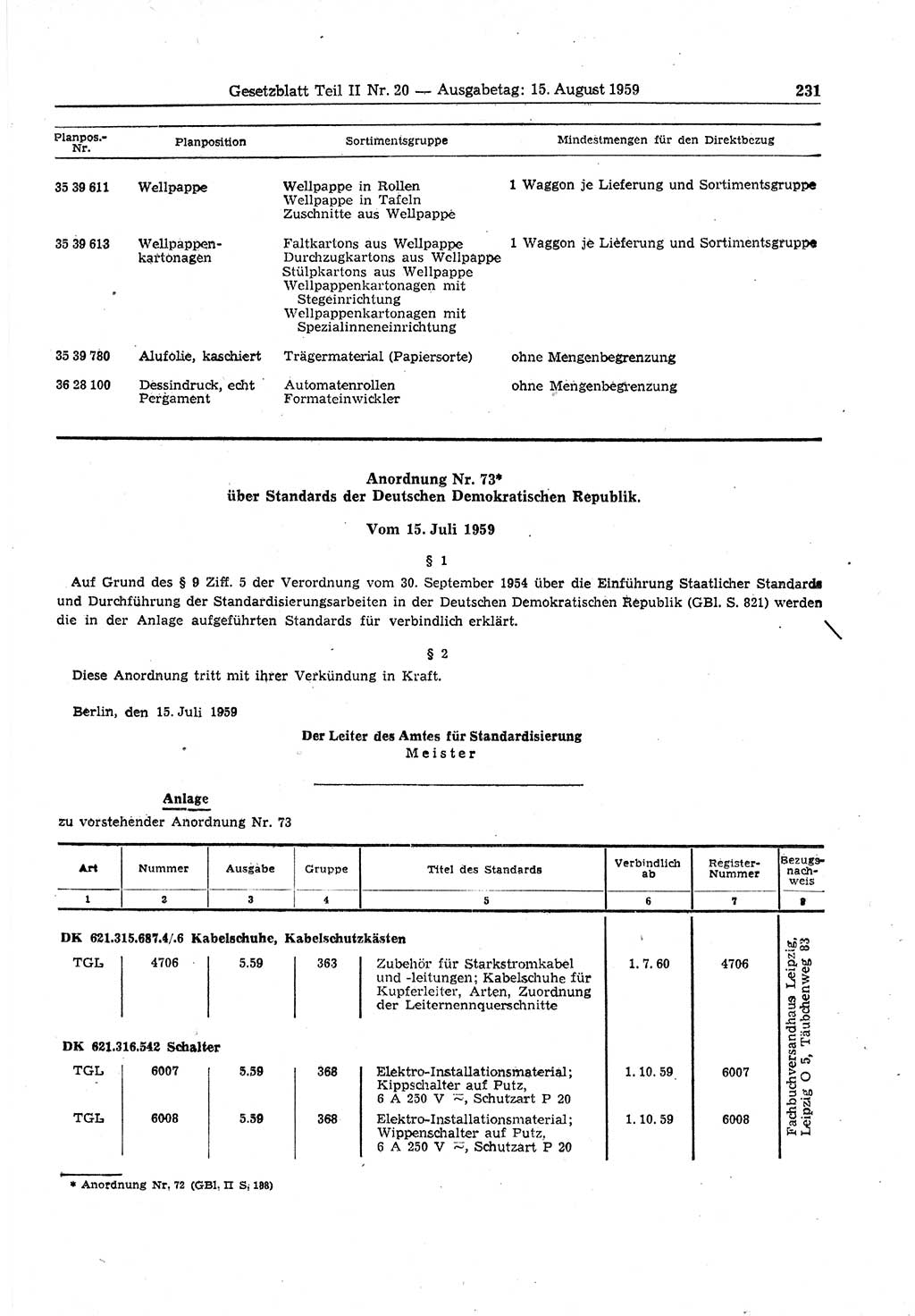 Gesetzblatt (GBl.) der Deutschen Demokratischen Republik (DDR) Teil ⅠⅠ 1959, Seite 231 (GBl. DDR ⅠⅠ 1959, S. 231)