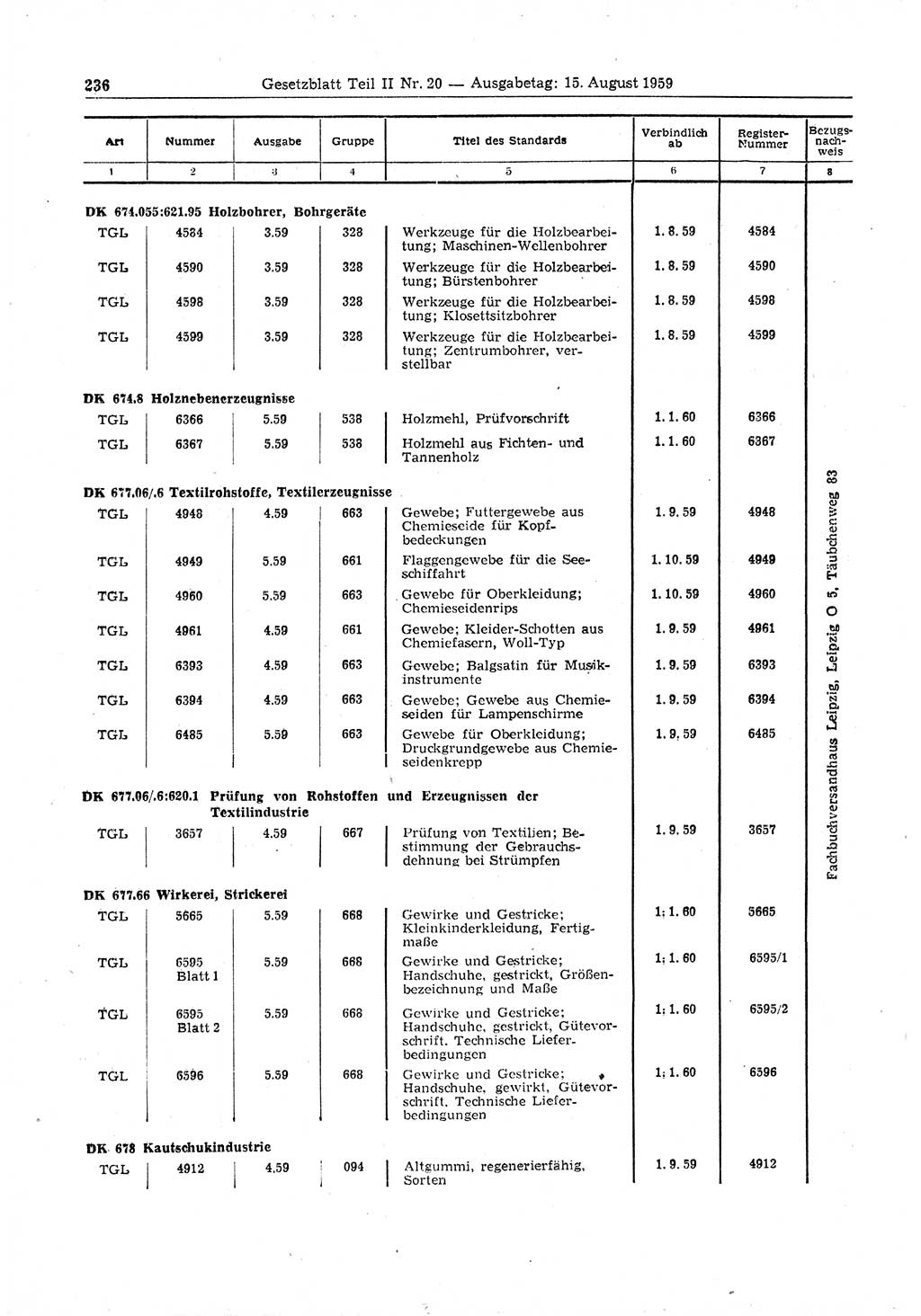 Gesetzblatt (GBl.) der Deutschen Demokratischen Republik (DDR) Teil ⅠⅠ 1959, Seite 236 (GBl. DDR ⅠⅠ 1959, S. 236)