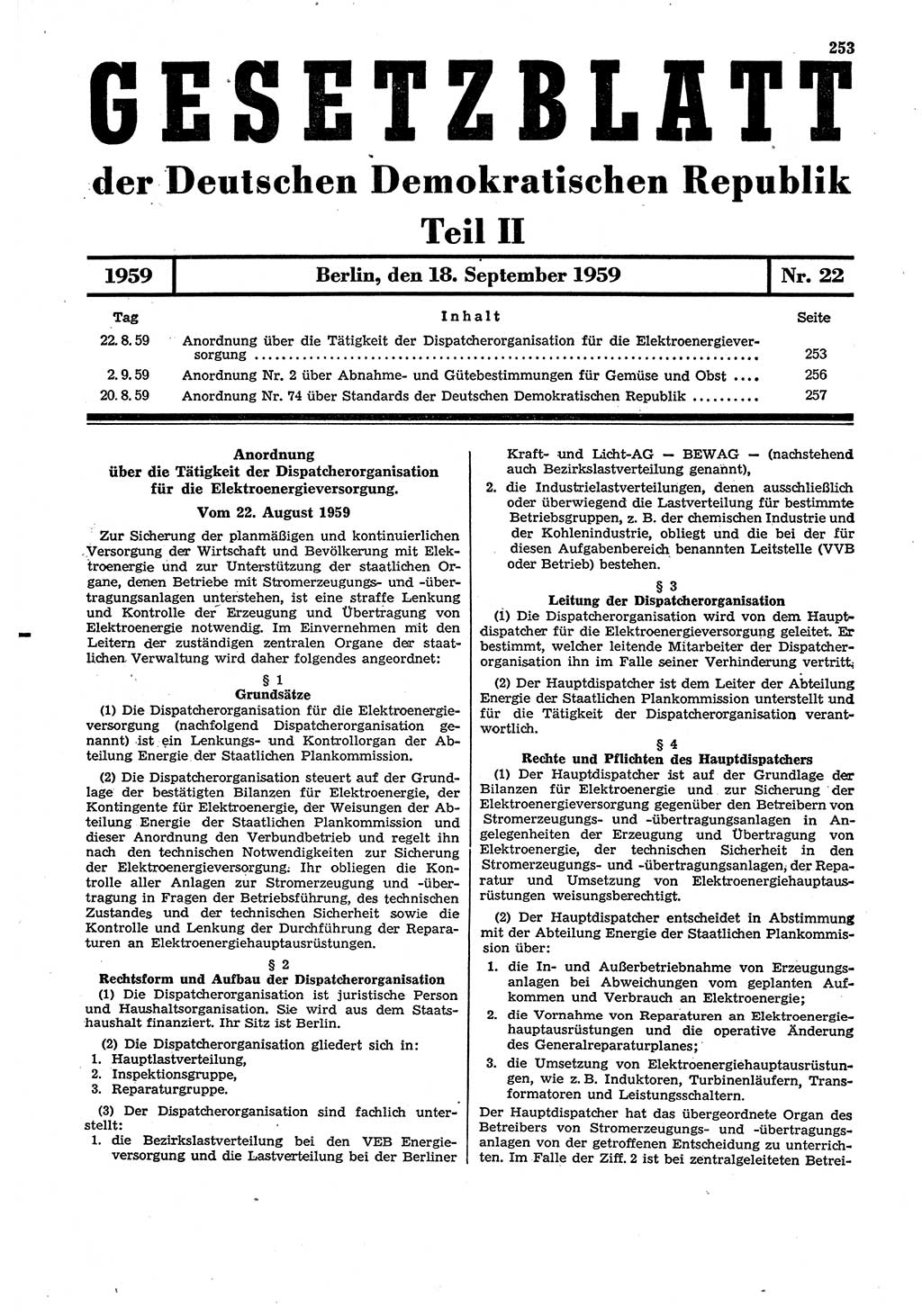 Gesetzblatt (GBl.) der Deutschen Demokratischen Republik (DDR) Teil ⅠⅠ 1959, Seite 253 (GBl. DDR ⅠⅠ 1959, S. 253)