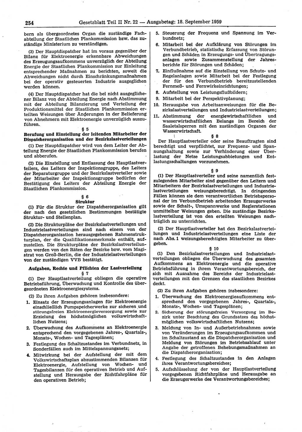 Gesetzblatt (GBl.) der Deutschen Demokratischen Republik (DDR) Teil ⅠⅠ 1959, Seite 254 (GBl. DDR ⅠⅠ 1959, S. 254)