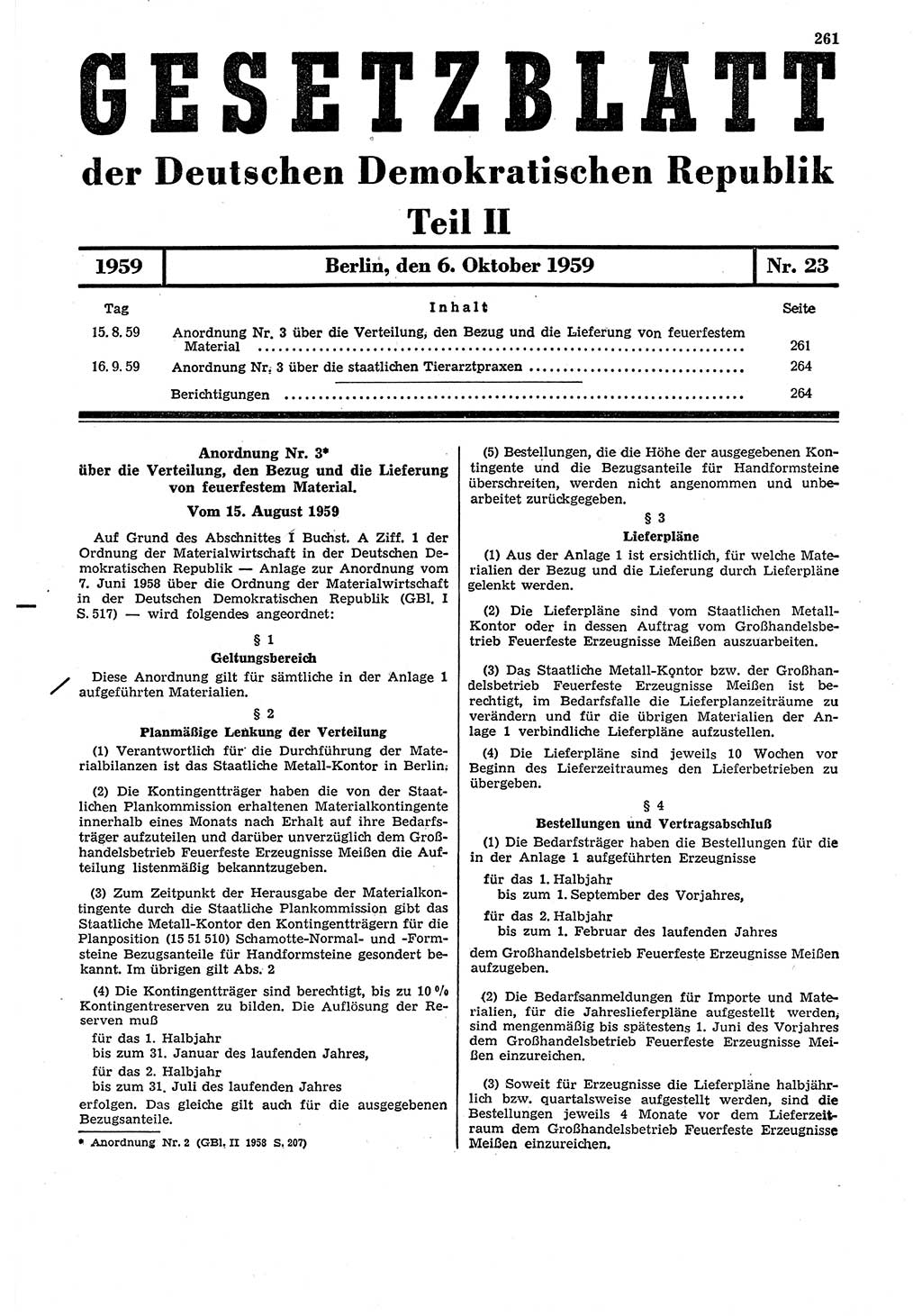 Gesetzblatt (GBl.) der Deutschen Demokratischen Republik (DDR) Teil ⅠⅠ 1959, Seite 261 (GBl. DDR ⅠⅠ 1959, S. 261)