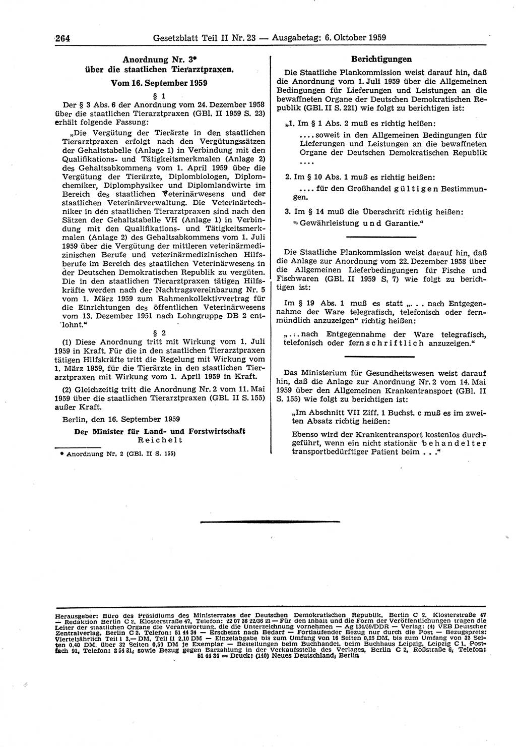 Gesetzblatt (GBl.) der Deutschen Demokratischen Republik (DDR) Teil ⅠⅠ 1959, Seite 264 (GBl. DDR ⅠⅠ 1959, S. 264)