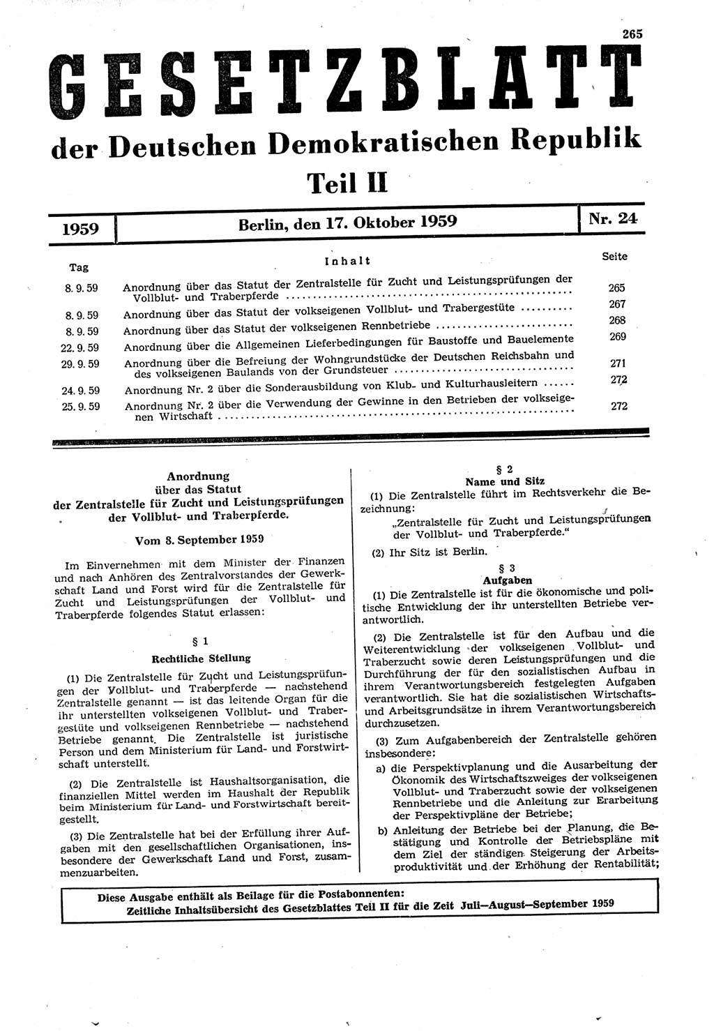 Gesetzblatt (GBl.) der Deutschen Demokratischen Republik (DDR) Teil ⅠⅠ 1959, Seite 265 (GBl. DDR ⅠⅠ 1959, S. 265)