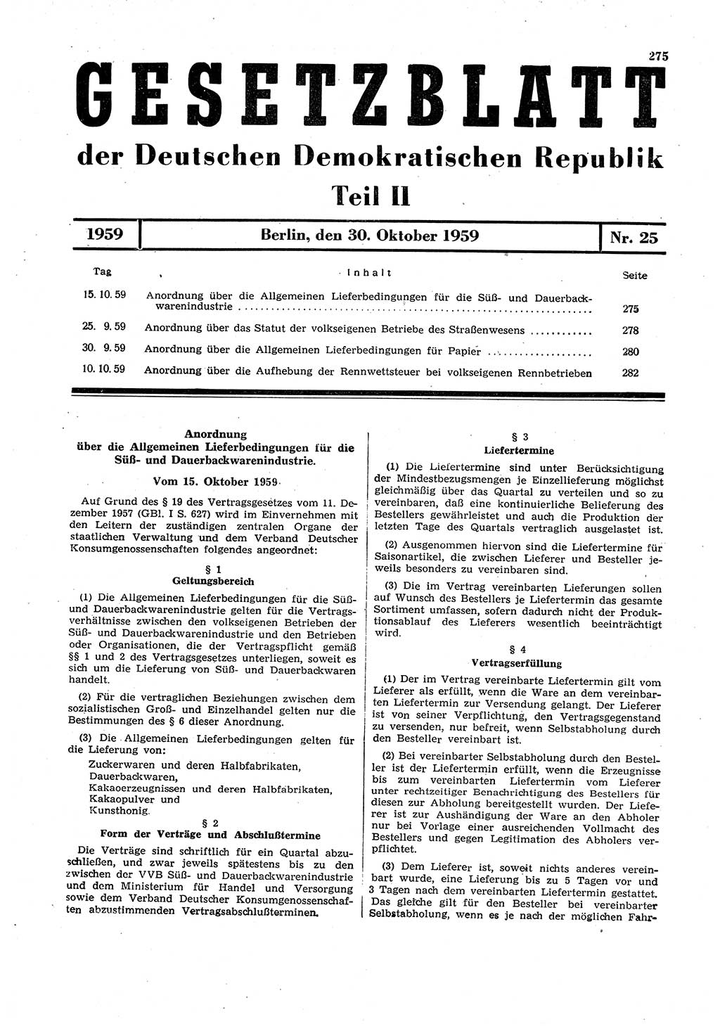 Gesetzblatt (GBl.) der Deutschen Demokratischen Republik (DDR) Teil ⅠⅠ 1959, Seite 275 (GBl. DDR ⅠⅠ 1959, S. 275)