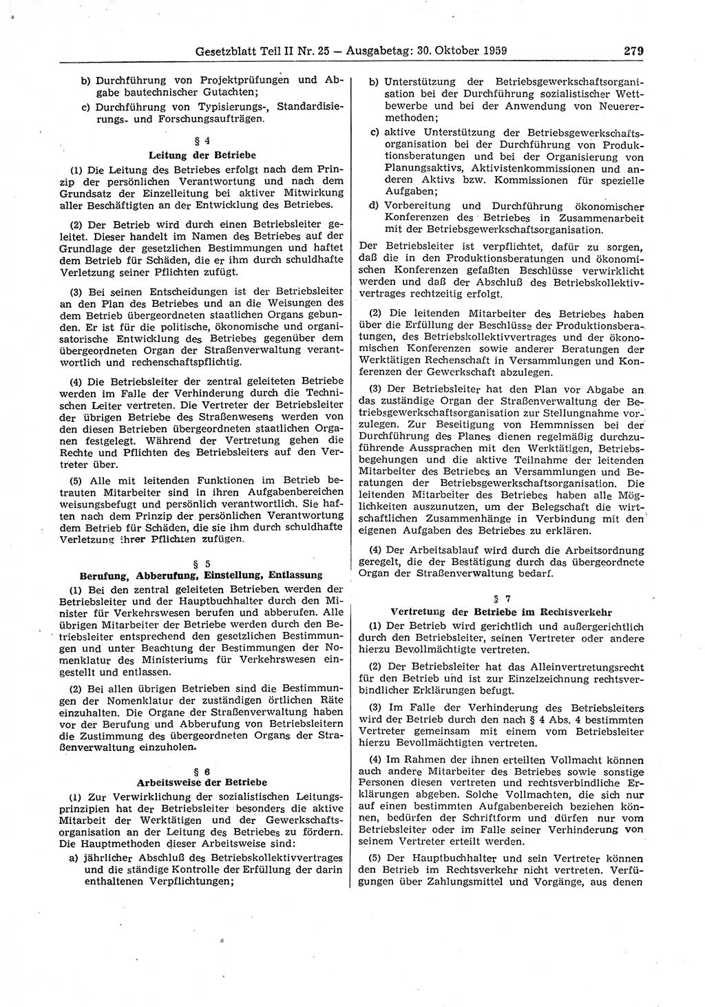 Gesetzblatt (GBl.) der Deutschen Demokratischen Republik (DDR) Teil ⅠⅠ 1959, Seite 279 (GBl. DDR ⅠⅠ 1959, S. 279)