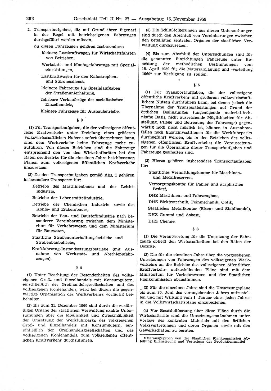 Gesetzblatt (GBl.) der Deutschen Demokratischen Republik (DDR) Teil ⅠⅠ 1959, Seite 292 (GBl. DDR ⅠⅠ 1959, S. 292)