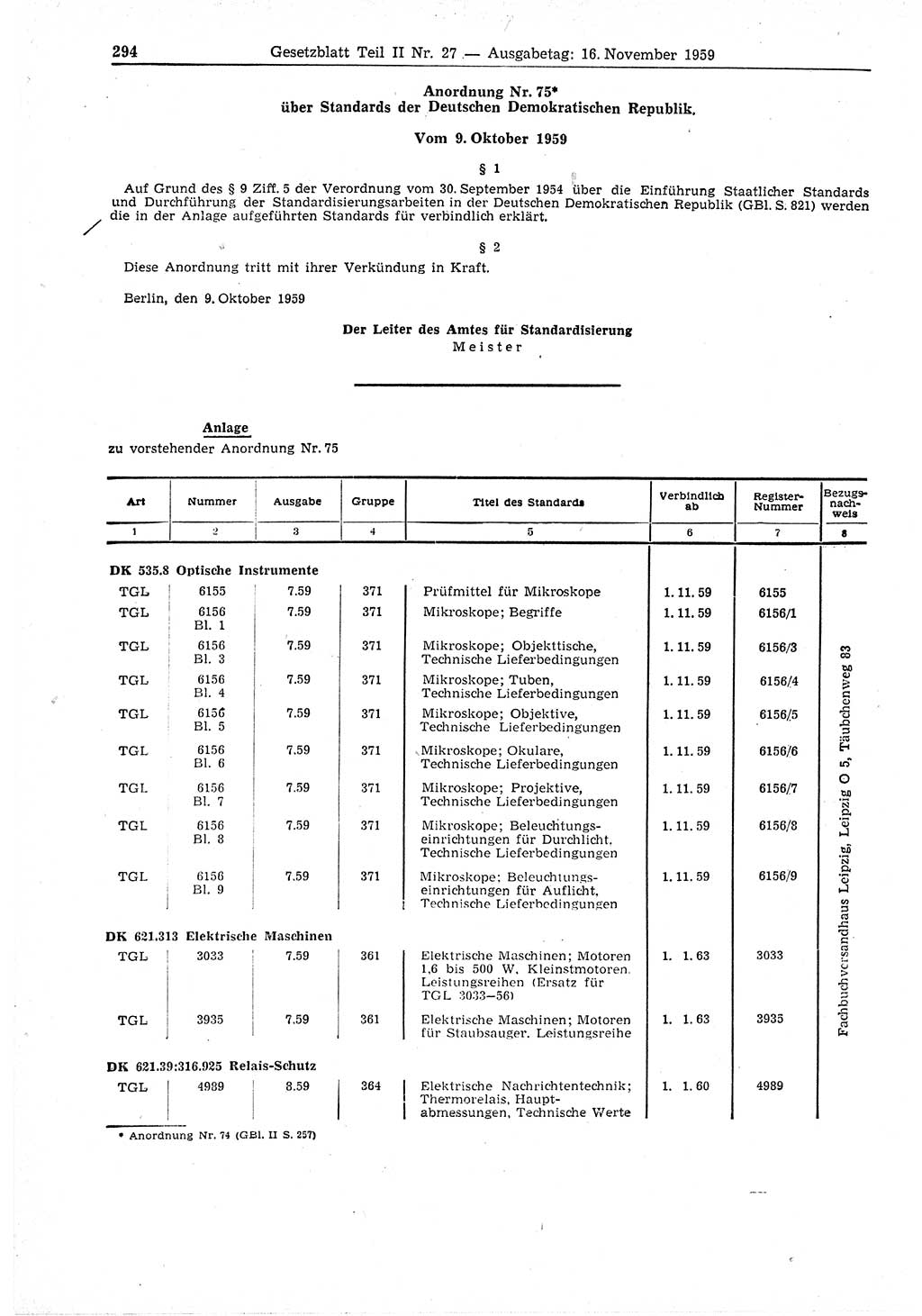 Gesetzblatt (GBl.) der Deutschen Demokratischen Republik (DDR) Teil ⅠⅠ 1959, Seite 294 (GBl. DDR ⅠⅠ 1959, S. 294)