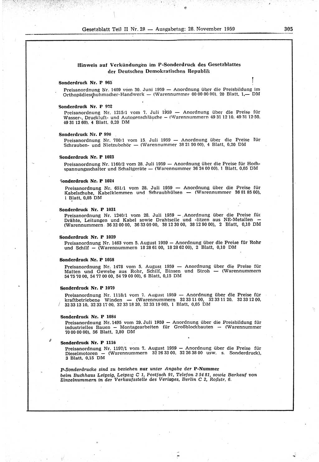Gesetzblatt (GBl.) der Deutschen Demokratischen Republik (DDR) Teil ⅠⅠ 1959, Seite 305 (GBl. DDR ⅠⅠ 1959, S. 305)