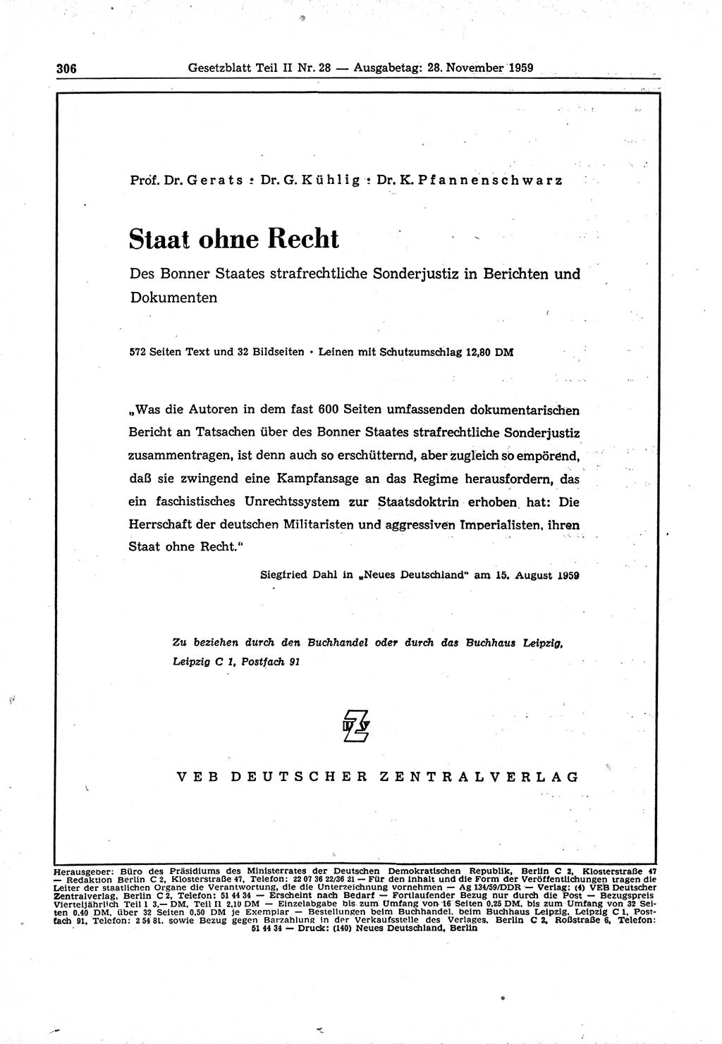 Gesetzblatt (GBl.) der Deutschen Demokratischen Republik (DDR) Teil ⅠⅠ 1959, Seite 306 (GBl. DDR ⅠⅠ 1959, S. 306)