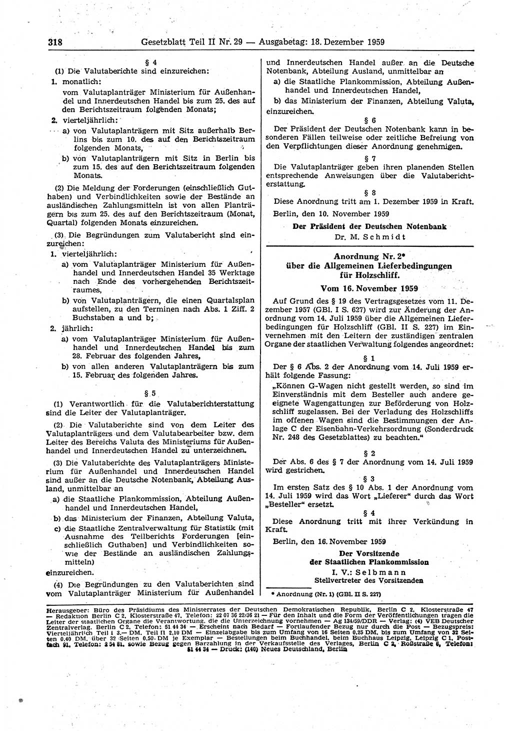 Gesetzblatt (GBl.) der Deutschen Demokratischen Republik (DDR) Teil ⅠⅠ 1959, Seite 318 (GBl. DDR ⅠⅠ 1959, S. 318)