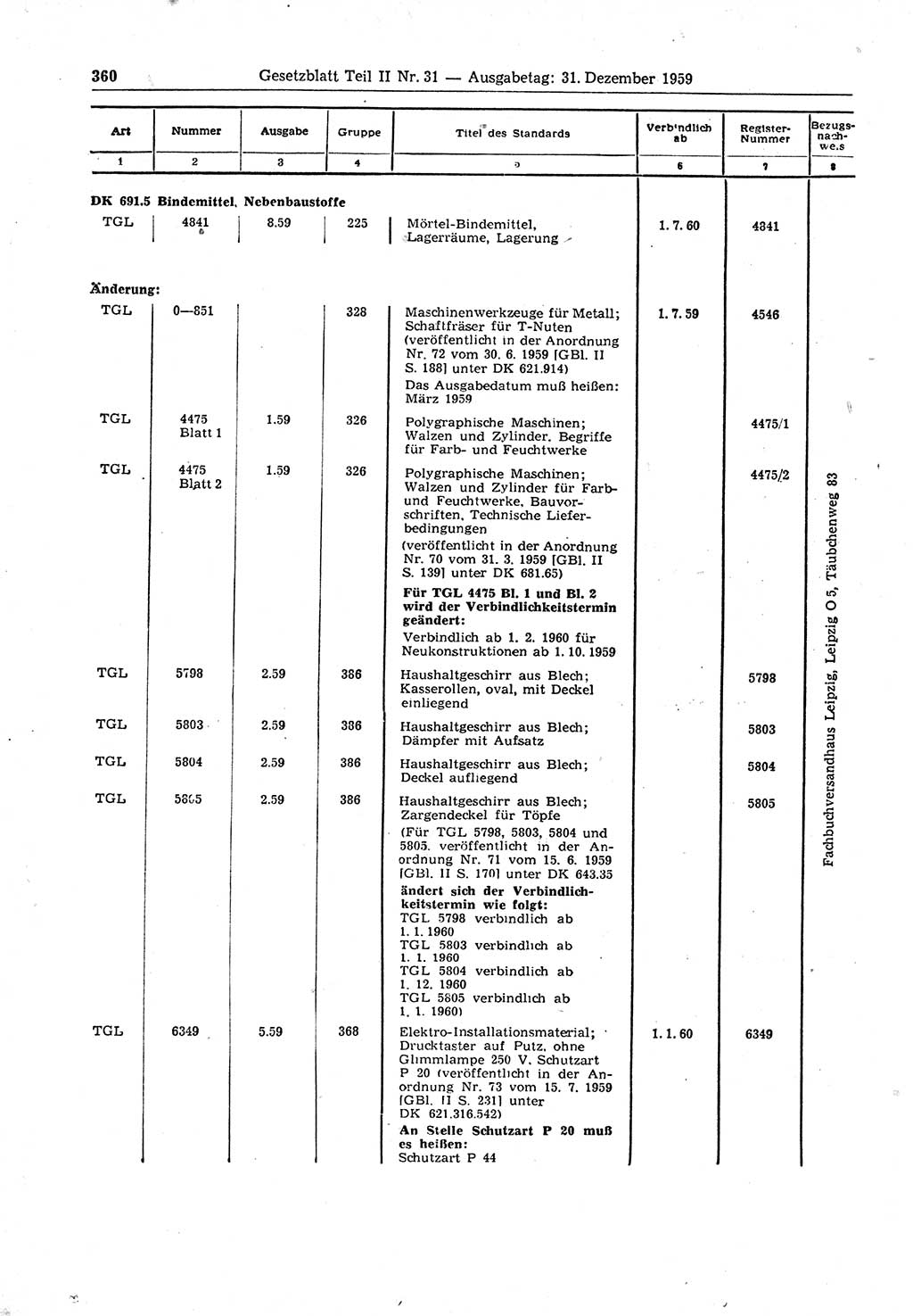 Gesetzblatt (GBl.) der Deutschen Demokratischen Republik (DDR) Teil ⅠⅠ 1959, Seite 360 (GBl. DDR ⅠⅠ 1959, S. 360)