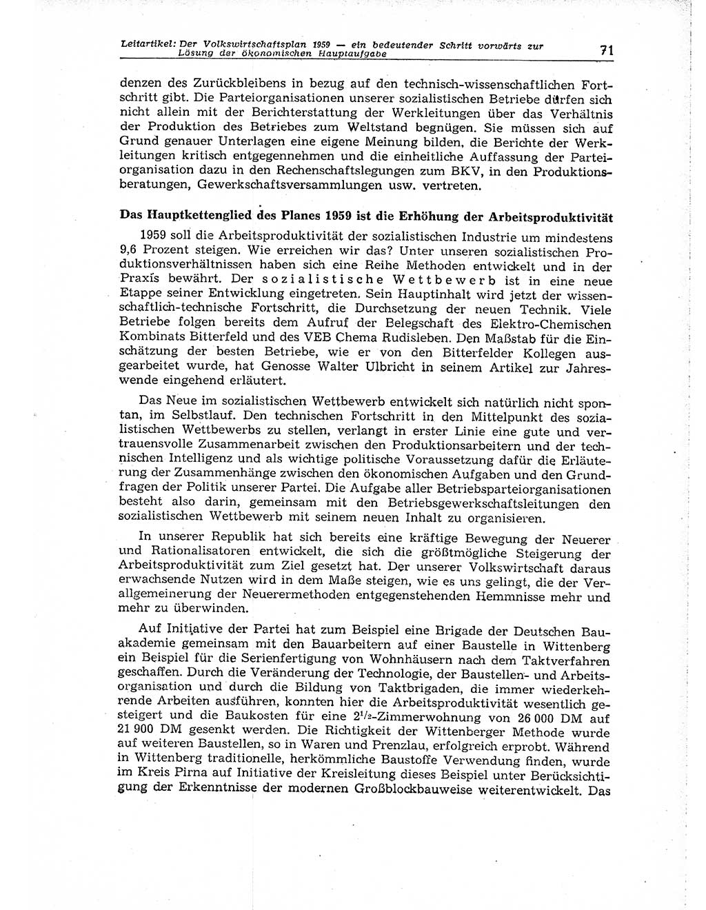 Neuer Weg (NW), Organ des Zentralkomitees (ZK) der SED (Sozialistische Einheitspartei Deutschlands) für Fragen des Parteiaufbaus und des Parteilebens, 14. Jahrgang [Deutsche Demokratische Republik (DDR)] 1959, Seite 71 (NW ZK SED DDR 1959, S. 71)