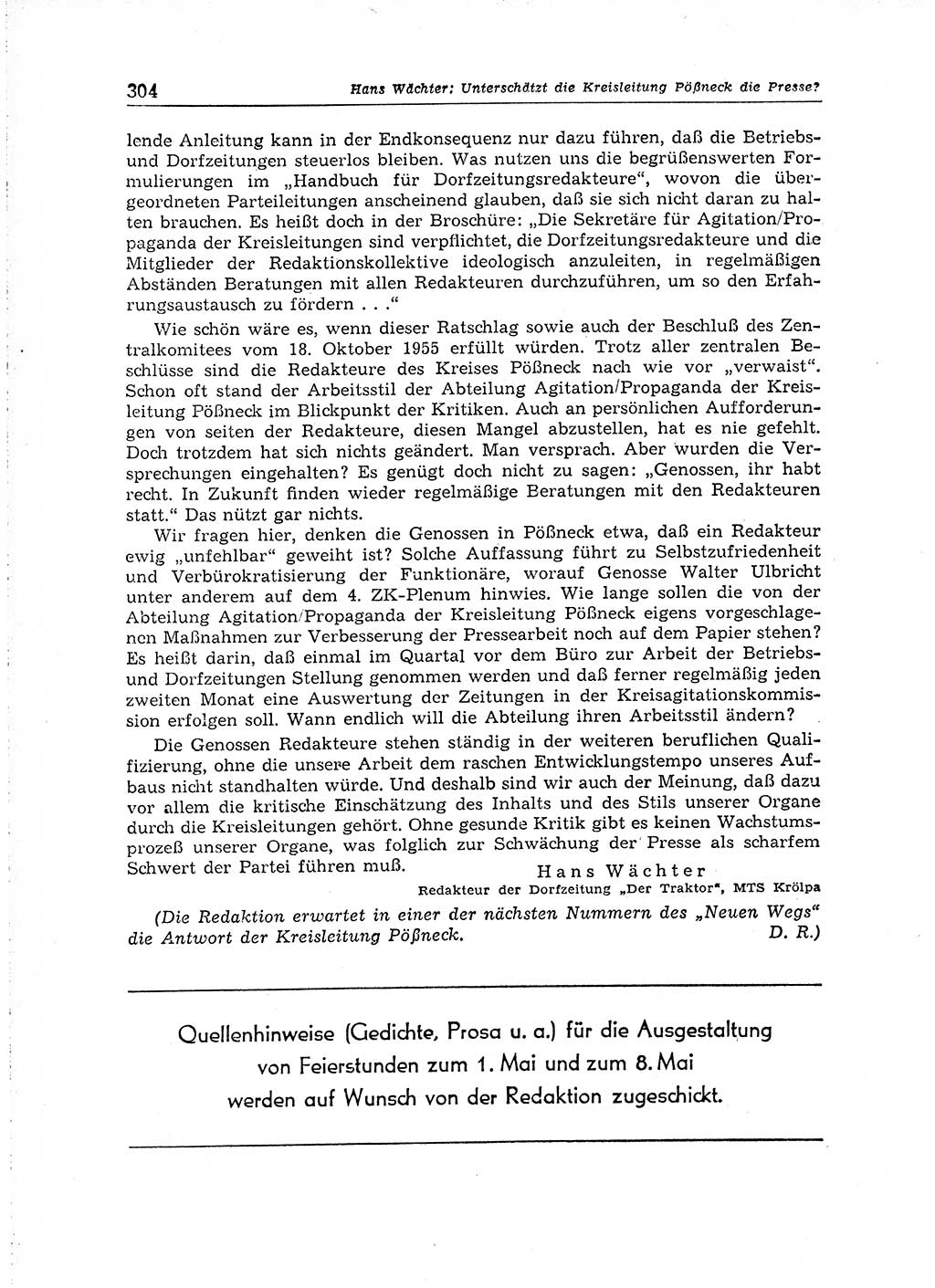 Neuer Weg (NW), Organ des Zentralkomitees (ZK) der SED (Sozialistische Einheitspartei Deutschlands) für Fragen des Parteiaufbaus und des Parteilebens, 14. Jahrgang [Deutsche Demokratische Republik (DDR)] 1959, Seite 304 (NW ZK SED DDR 1959, S. 304)