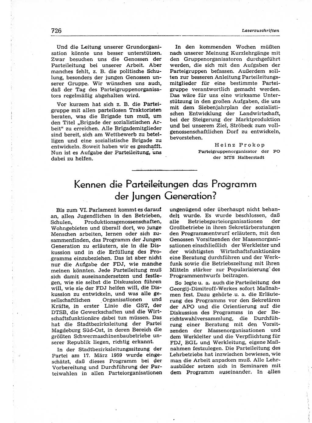 Neuer Weg (NW), Organ des Zentralkomitees (ZK) der SED (Sozialistische Einheitspartei Deutschlands) für Fragen des Parteiaufbaus und des Parteilebens, 14. Jahrgang [Deutsche Demokratische Republik (DDR)] 1959, Seite 726 (NW ZK SED DDR 1959, S. 726)