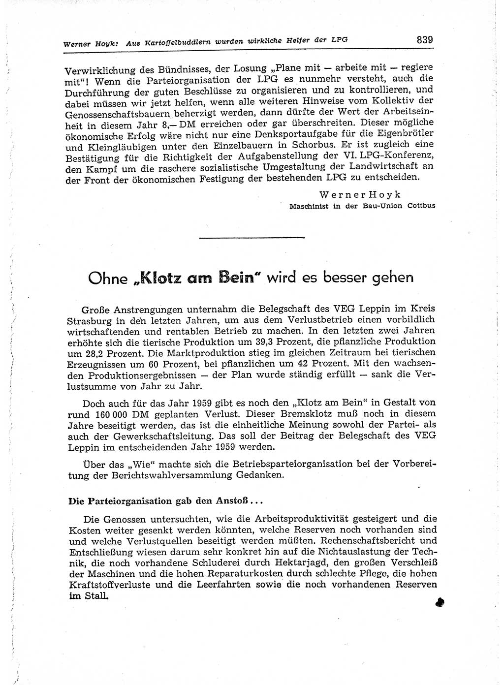 Neuer Weg (NW), Organ des Zentralkomitees (ZK) der SED (Sozialistische Einheitspartei Deutschlands) für Fragen des Parteiaufbaus und des Parteilebens, 14. Jahrgang [Deutsche Demokratische Republik (DDR)] 1959, Seite 839 (NW ZK SED DDR 1959, S. 839)