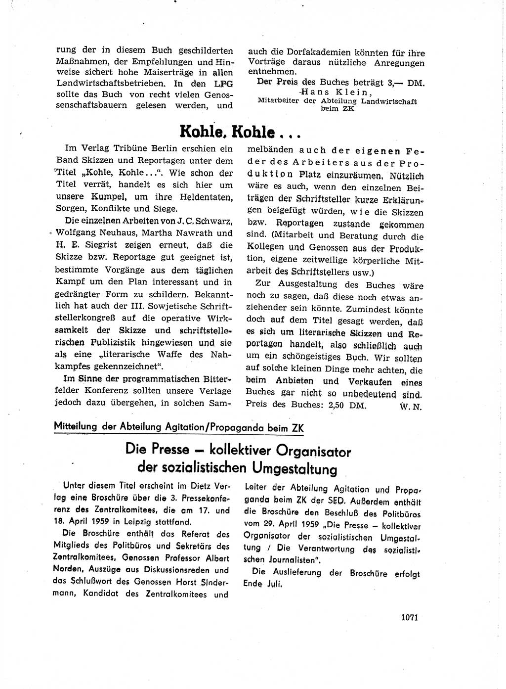 Neuer Weg (NW), Organ des Zentralkomitees (ZK) der SED (Sozialistische Einheitspartei Deutschlands) für Fragen des Parteiaufbaus und des Parteilebens, 14. Jahrgang [Deutsche Demokratische Republik (DDR)] 1959, Seite 1071 (NW ZK SED DDR 1959, S. 1071)