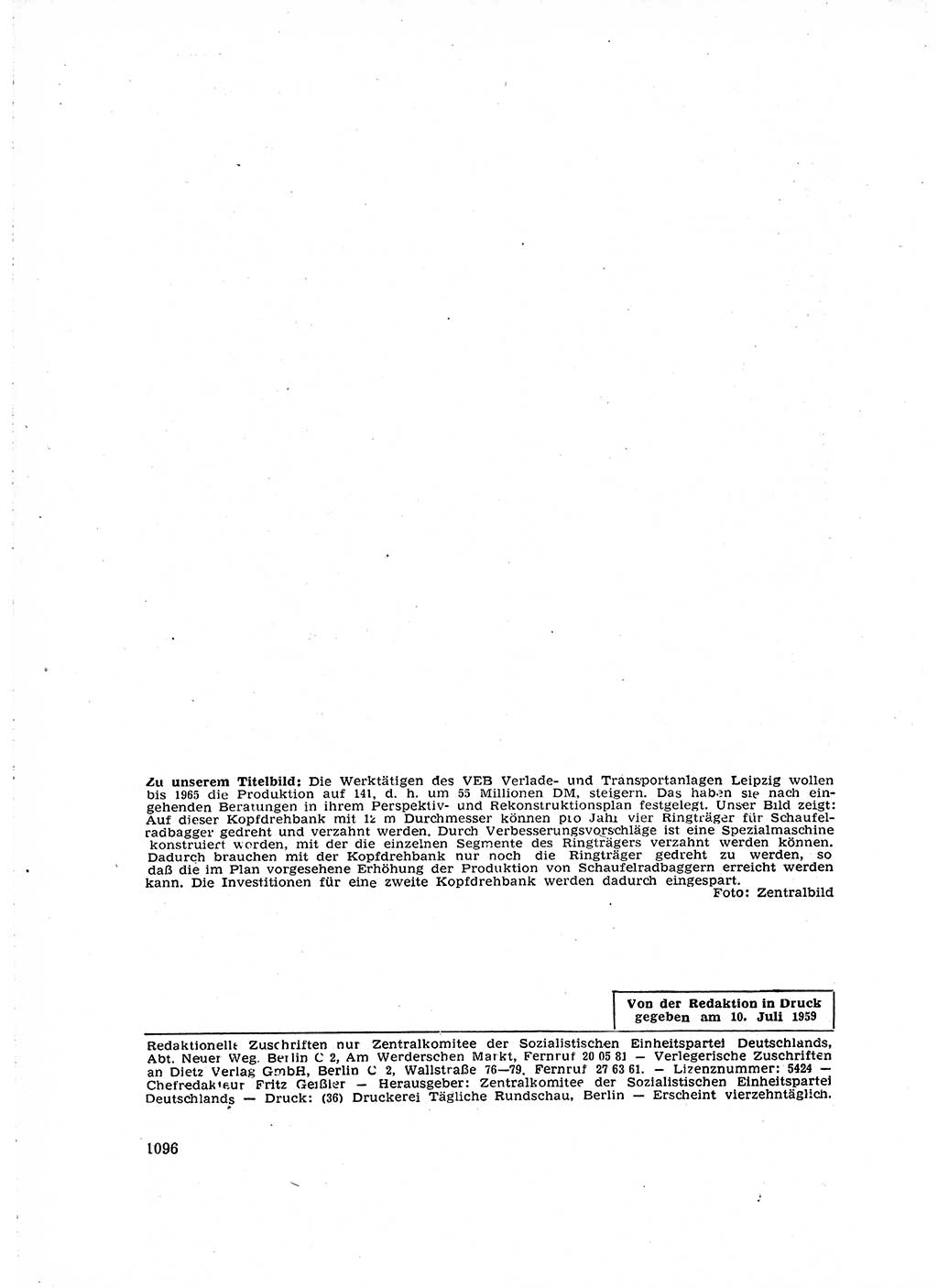 Neuer Weg (NW), Organ des Zentralkomitees (ZK) der SED (Sozialistische Einheitspartei Deutschlands) für Fragen des Parteiaufbaus und des Parteilebens, 14. Jahrgang [Deutsche Demokratische Republik (DDR)] 1959, Seite 1096 (NW ZK SED DDR 1959, S. 1096)