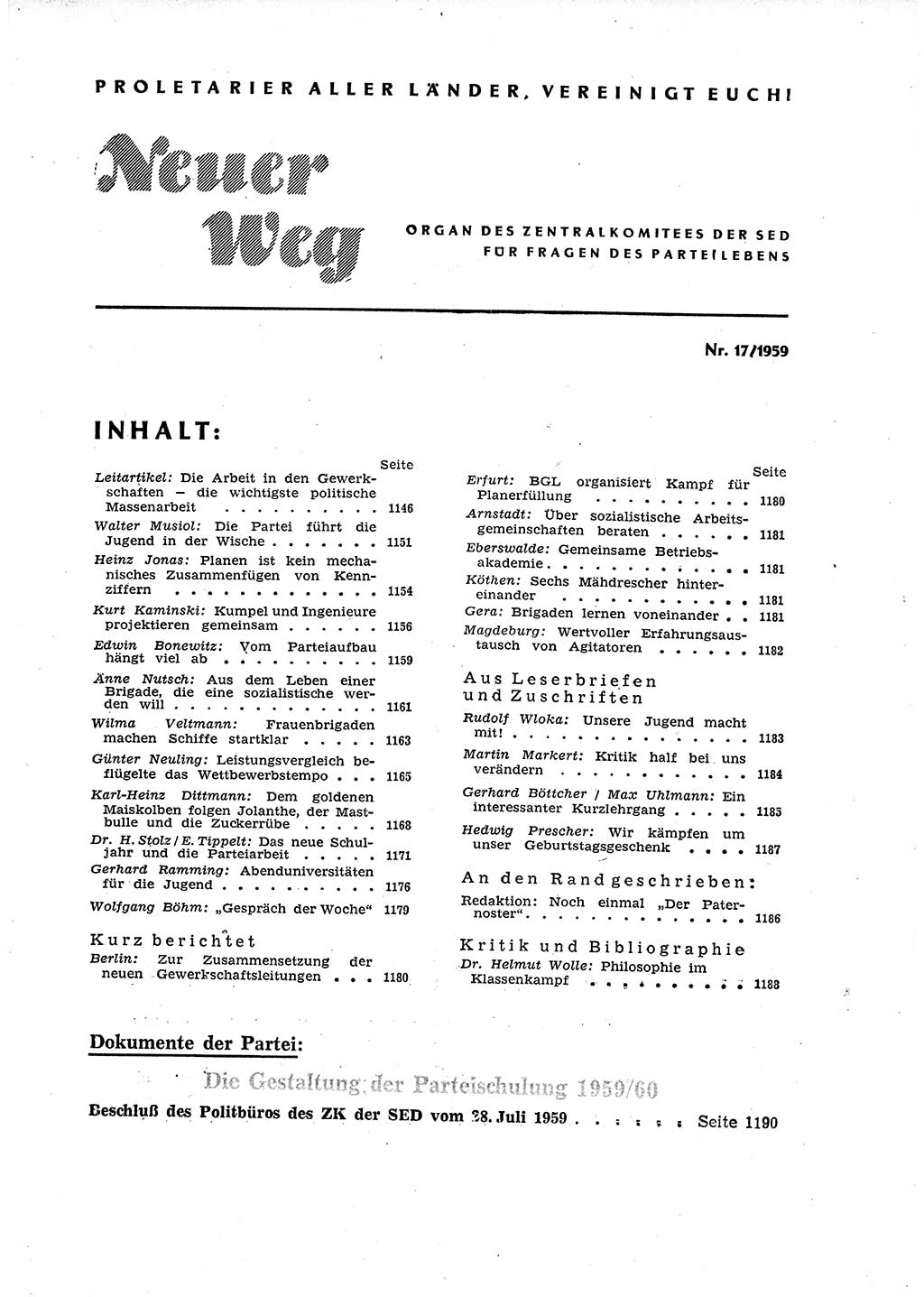 Neuer Weg (NW), Organ des Zentralkomitees (ZK) der SED (Sozialistische Einheitspartei Deutschlands) für Fragen des Parteiaufbaus und des Parteilebens, 14. Jahrgang [Deutsche Demokratische Republik (DDR)] 1959, Seite 1145 (NW ZK SED DDR 1959, S. 1145)