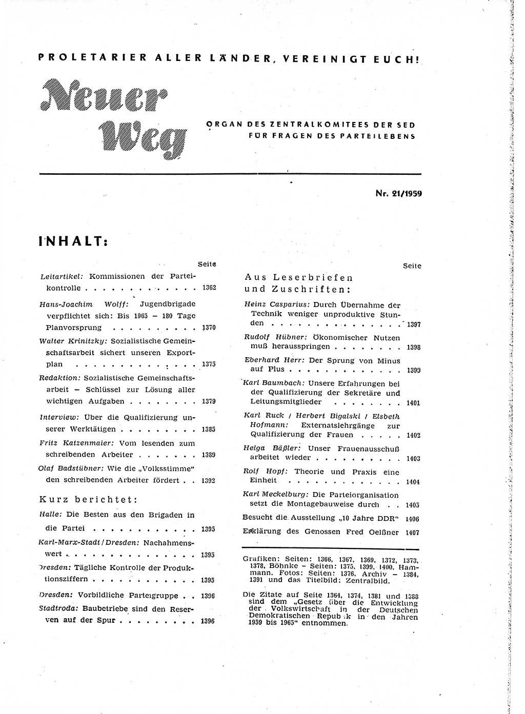 Neuer Weg (NW), Organ des Zentralkomitees (ZK) der SED (Sozialistische Einheitspartei Deutschlands) für Fragen des Parteiaufbaus und des Parteilebens, 14. Jahrgang [Deutsche Demokratische Republik (DDR)] 1959, Seite 1361 (NW ZK SED DDR 1959, S. 1361)