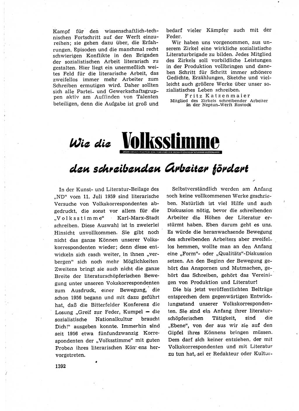 Neuer Weg (NW), Organ des Zentralkomitees (ZK) der SED (Sozialistische Einheitspartei Deutschlands) für Fragen des Parteiaufbaus und des Parteilebens, 14. Jahrgang [Deutsche Demokratische Republik (DDR)] 1959, Seite 1392 (NW ZK SED DDR 1959, S. 1392)