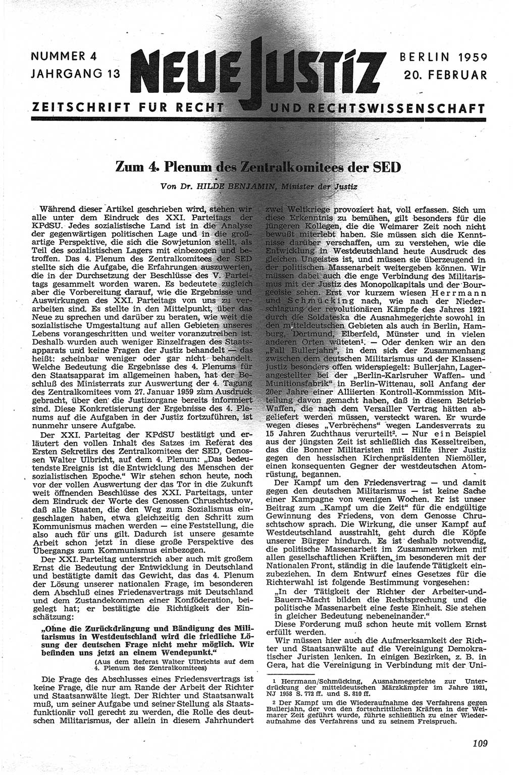 Neue Justiz (NJ), Zeitschrift für Recht und Rechtswissenschaft [Deutsche Demokratische Republik (DDR)], 13. Jahrgang 1959, Seite 109 (NJ DDR 1959, S. 109)