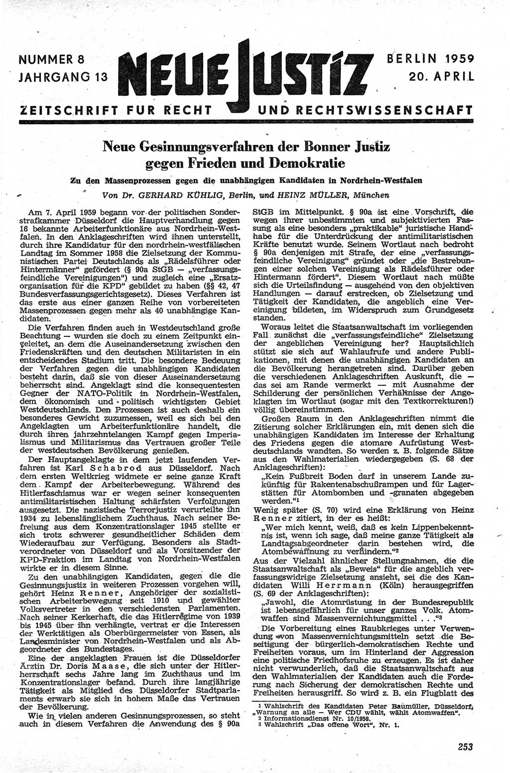 Neue Justiz (NJ), Zeitschrift für Recht und Rechtswissenschaft [Deutsche Demokratische Republik (DDR)], 13. Jahrgang 1959, Seite 253 (NJ DDR 1959, S. 253)