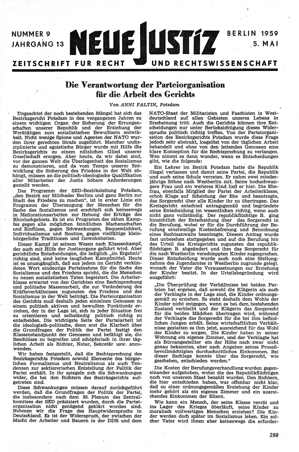 Neue Justiz (NJ), Zeitschrift für Recht und Rechtswissenschaft [Deutsche Demokratische Republik (DDR)], 13. Jahrgang 1959, Seite 289 (NJ DDR 1959, S. 289)