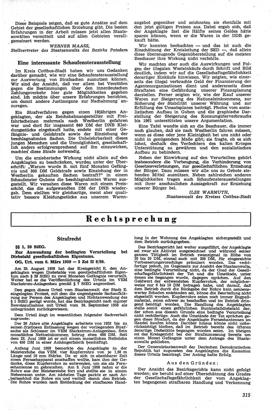 Neue Justiz (NJ), Zeitschrift für Recht und Rechtswissenschaft [Deutsche Demokratische Republik (DDR)], 13. Jahrgang 1959, Seite 315 (NJ DDR 1959, S. 315)