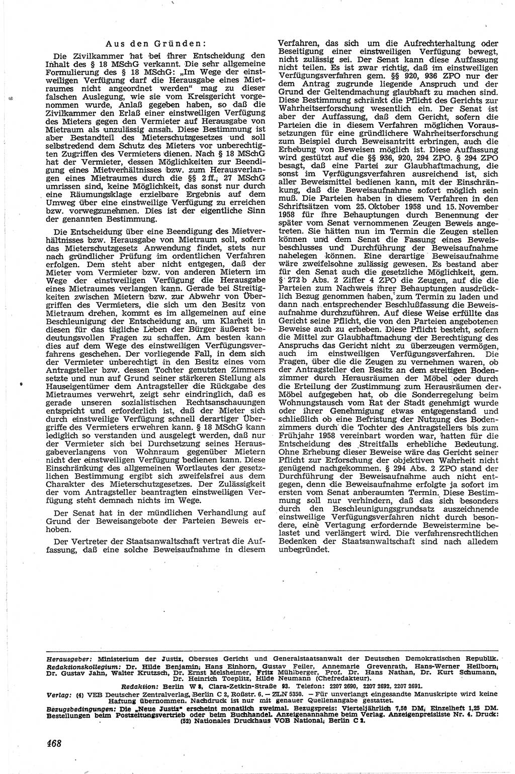 Neue Justiz (NJ), Zeitschrift für Recht und Rechtswissenschaft [Deutsche Demokratische Republik (DDR)], 13. Jahrgang 1959, Seite 468 (NJ DDR 1959, S. 468)