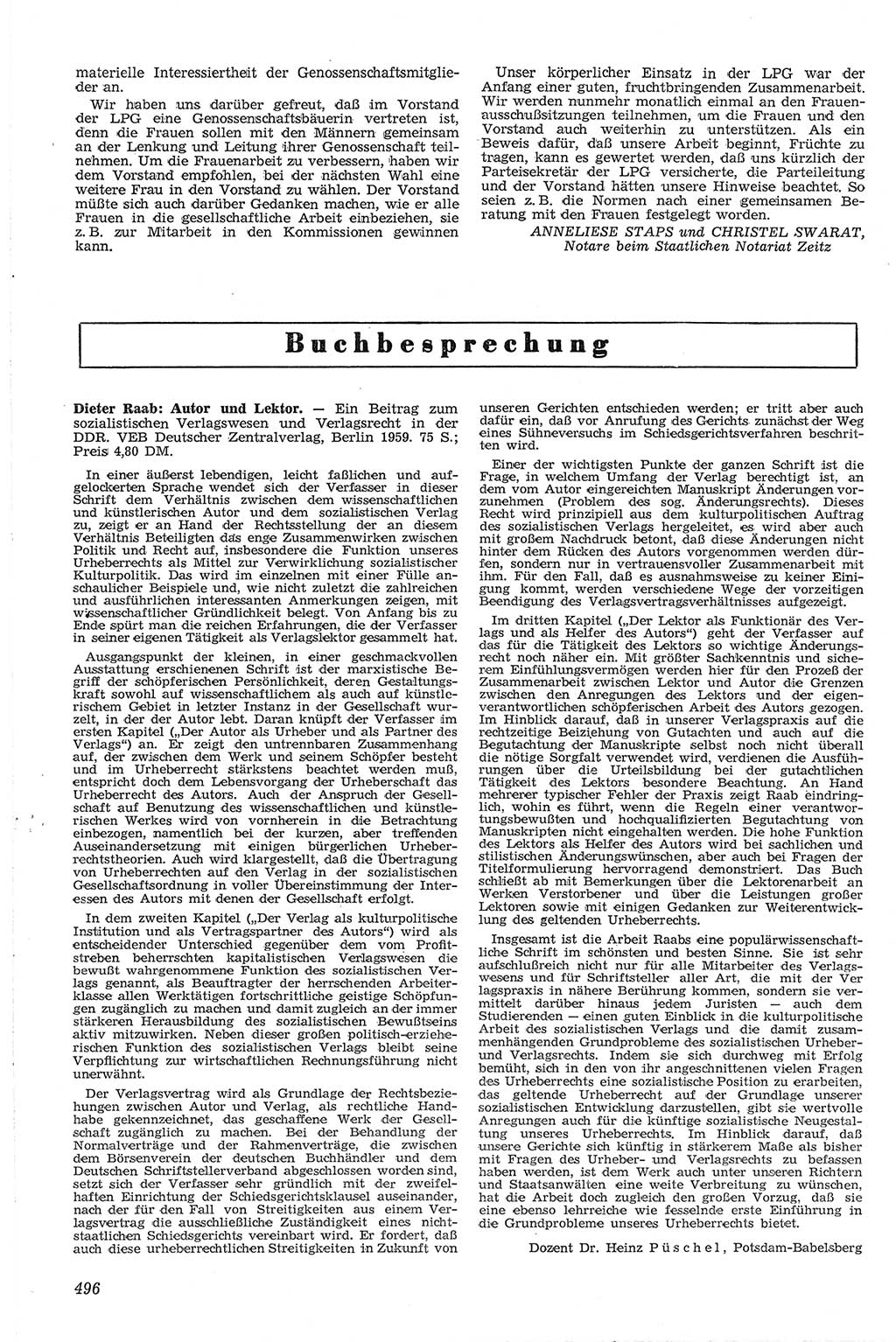 Neue Justiz (NJ), Zeitschrift für Recht und Rechtswissenschaft [Deutsche Demokratische Republik (DDR)], 13. Jahrgang 1959, Seite 496 (NJ DDR 1959, S. 496)