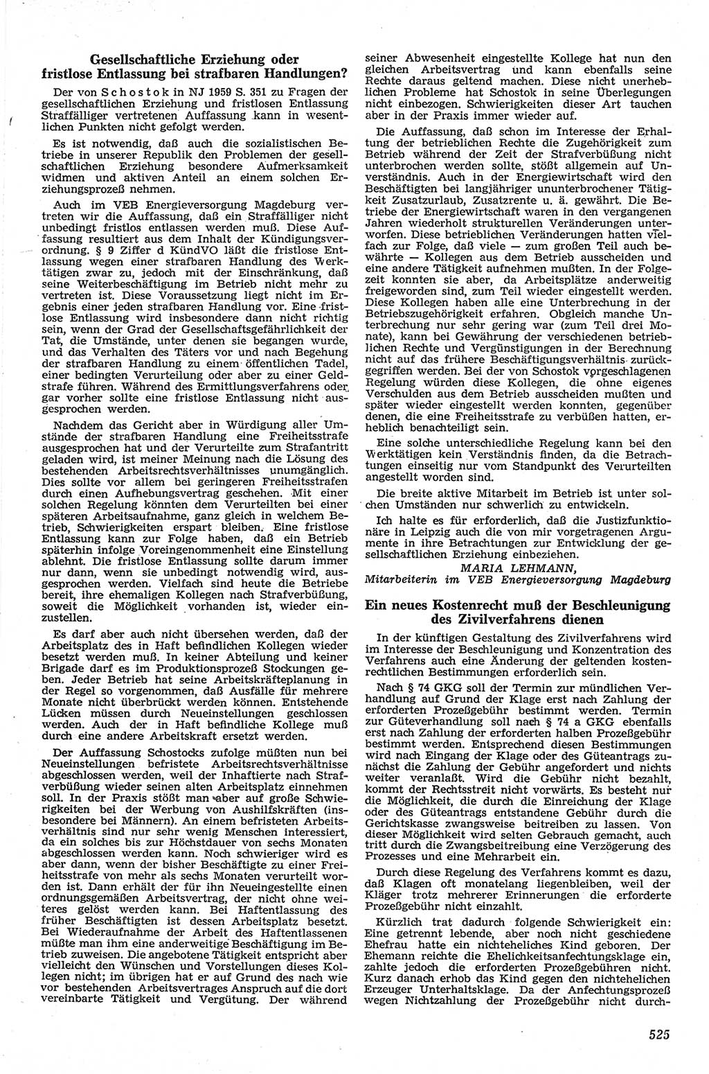 Neue Justiz (NJ), Zeitschrift für Recht und Rechtswissenschaft [Deutsche Demokratische Republik (DDR)], 13. Jahrgang 1959, Seite 525 (NJ DDR 1959, S. 525)