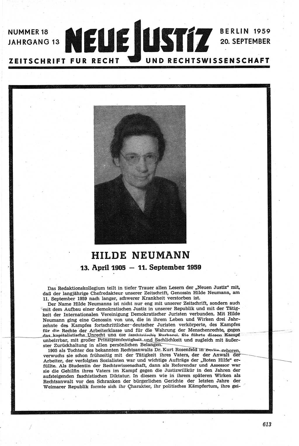 Neue Justiz (NJ), Zeitschrift für Recht und Rechtswissenschaft [Deutsche Demokratische Republik (DDR)], 13. Jahrgang 1959, Seite 613 (NJ DDR 1959, S. 613)