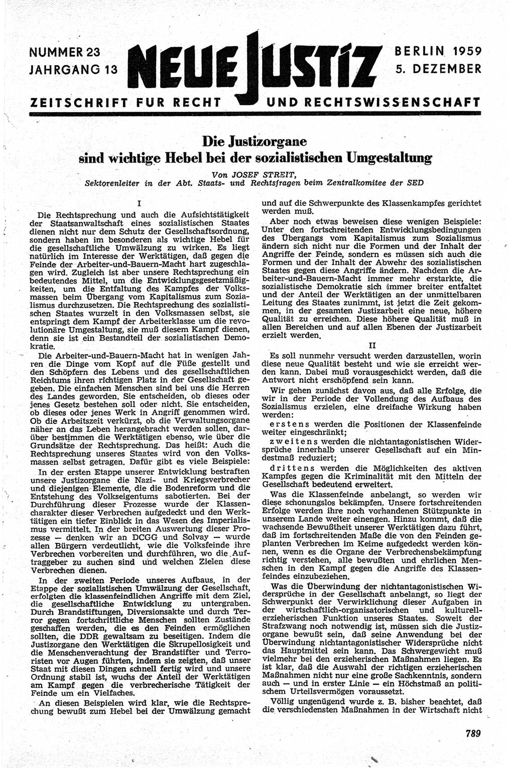 Neue Justiz (NJ), Zeitschrift für Recht und Rechtswissenschaft [Deutsche Demokratische Republik (DDR)], 13. Jahrgang 1959, Seite 789 (NJ DDR 1959, S. 789)