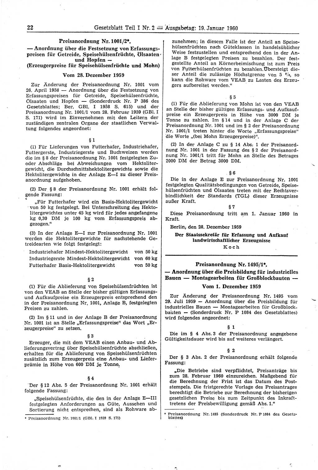 Gesetzblatt (GBl.) der Deutschen Demokratischen Republik (DDR) Teil Ⅰ 1960, Seite 22 (GBl. DDR Ⅰ 1960, S. 22)