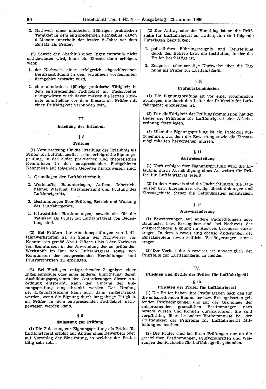 Gesetzblatt (GBl.) der Deutschen Demokratischen Republik (DDR) Teil Ⅰ 1960, Seite 50 (GBl. DDR Ⅰ 1960, S. 50)