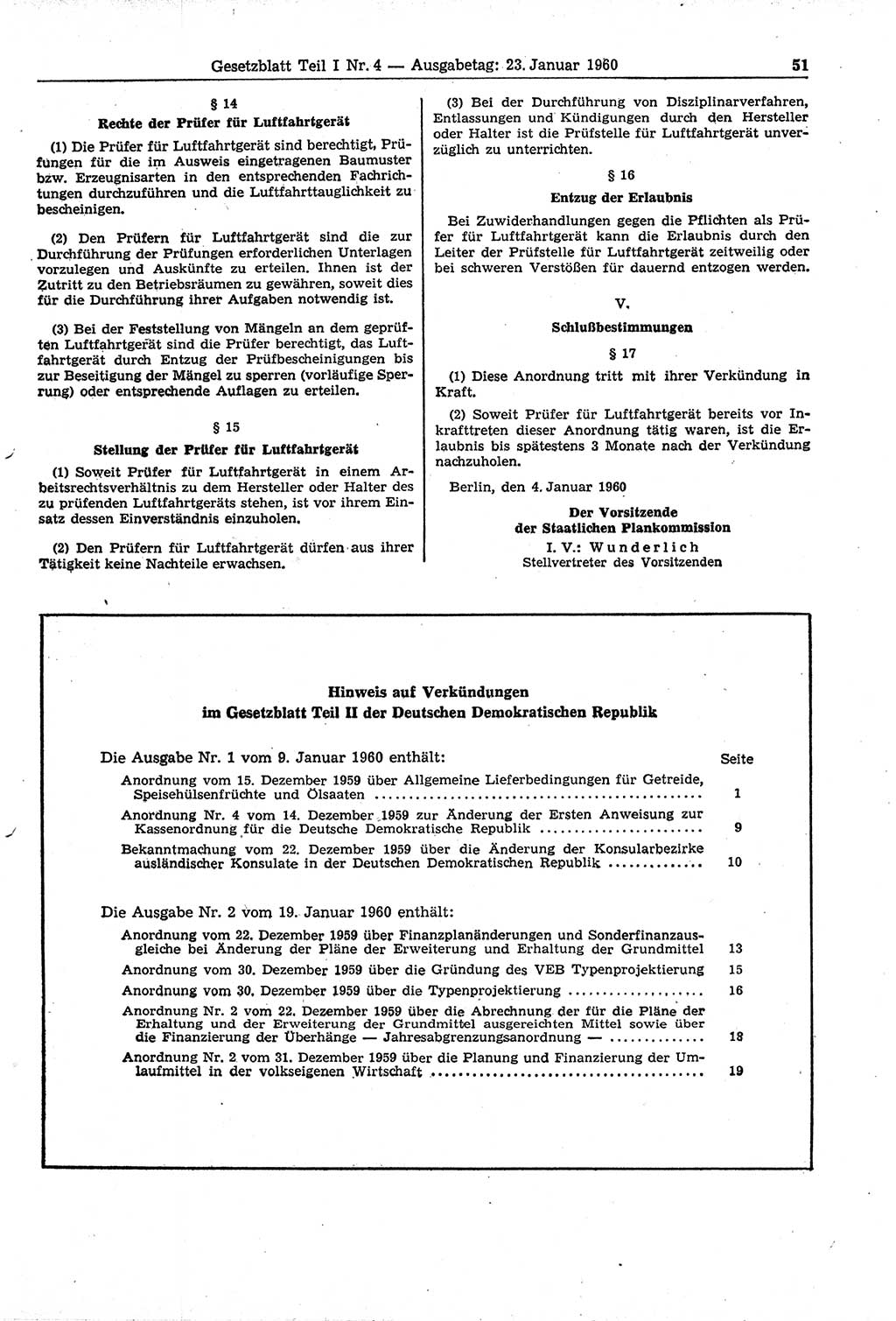 Gesetzblatt (GBl.) der Deutschen Demokratischen Republik (DDR) Teil Ⅰ 1960, Seite 51 (GBl. DDR Ⅰ 1960, S. 51)