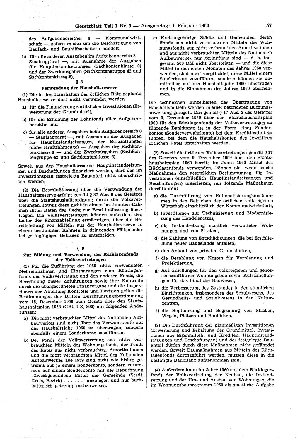 Gesetzblatt (GBl.) der Deutschen Demokratischen Republik (DDR) Teil Ⅰ 1960, Seite 57 (GBl. DDR Ⅰ 1960, S. 57)