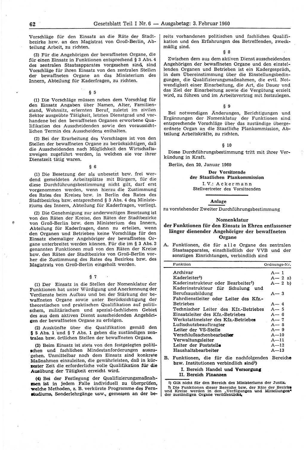 Gesetzblatt (GBl.) der Deutschen Demokratischen Republik (DDR) Teil Ⅰ 1960, Seite 62 (GBl. DDR Ⅰ 1960, S. 62)
