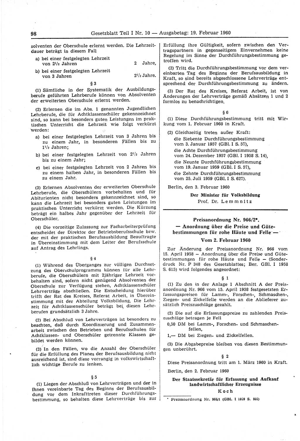 Gesetzblatt (GBl.) der Deutschen Demokratischen Republik (DDR) Teil Ⅰ 1960, Seite 98 (GBl. DDR Ⅰ 1960, S. 98)