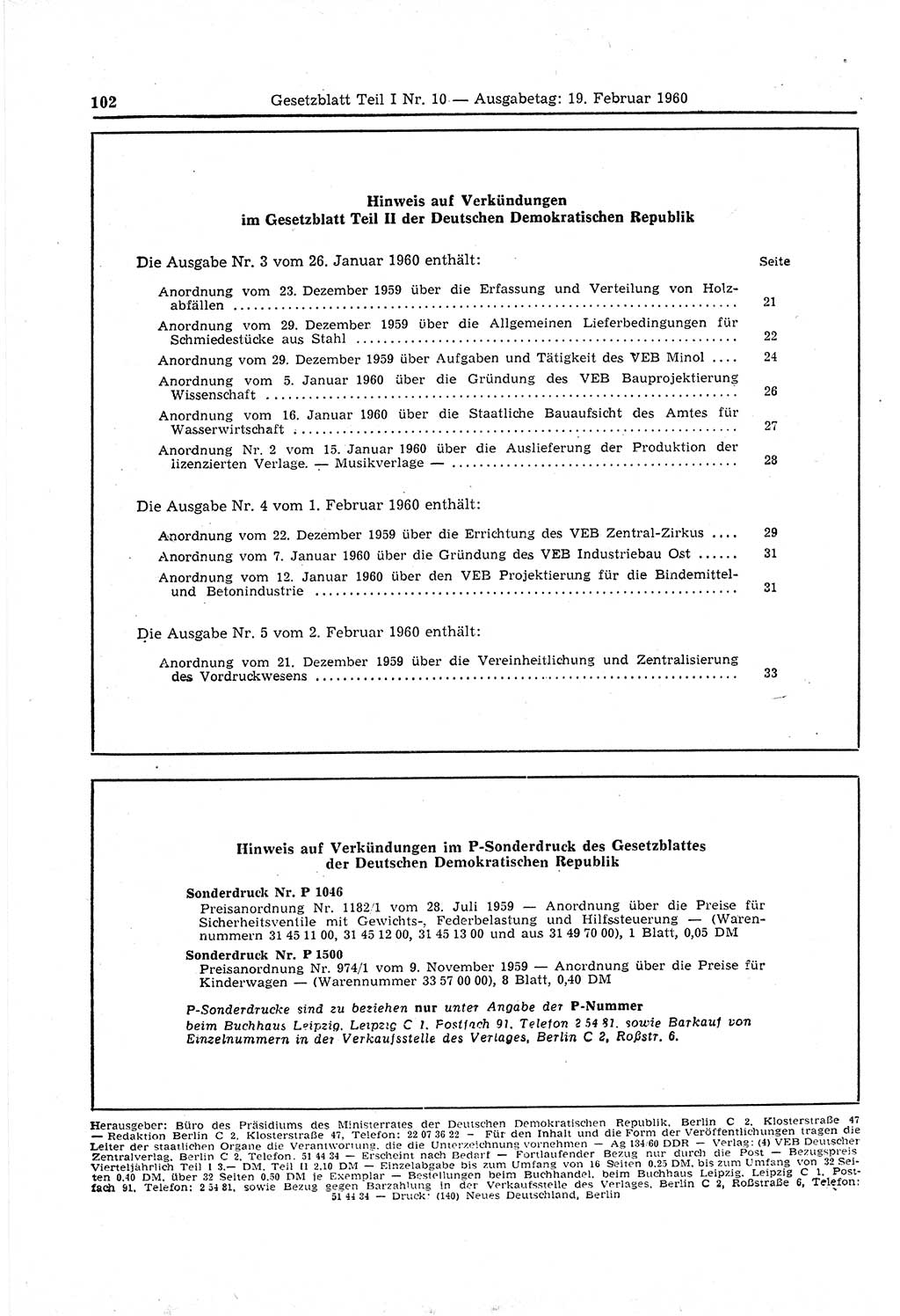 Gesetzblatt (GBl.) der Deutschen Demokratischen Republik (DDR) Teil Ⅰ 1960, Seite 102 (GBl. DDR Ⅰ 1960, S. 102)