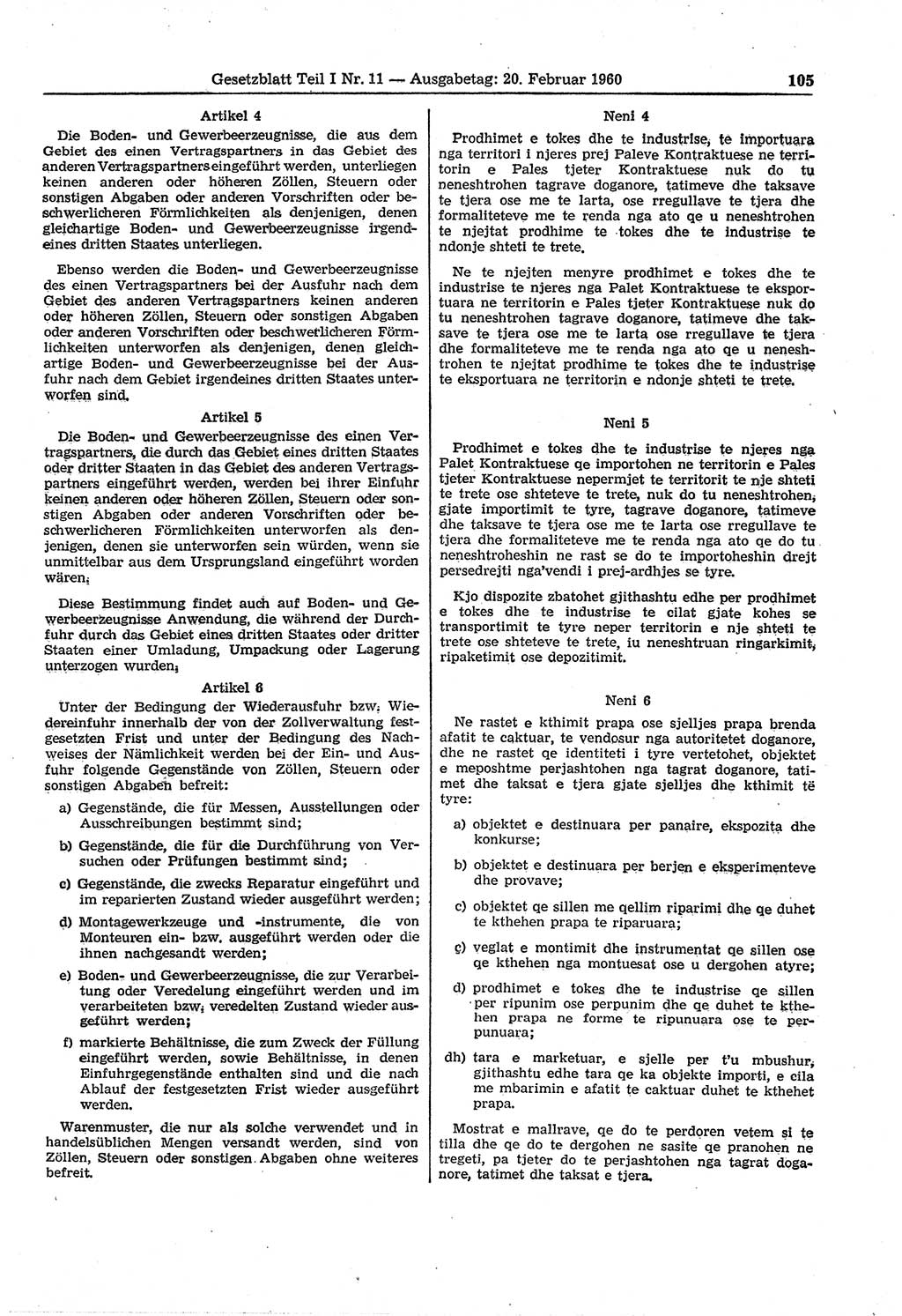 Gesetzblatt (GBl.) der Deutschen Demokratischen Republik (DDR) Teil Ⅰ 1960, Seite 105 (GBl. DDR Ⅰ 1960, S. 105)