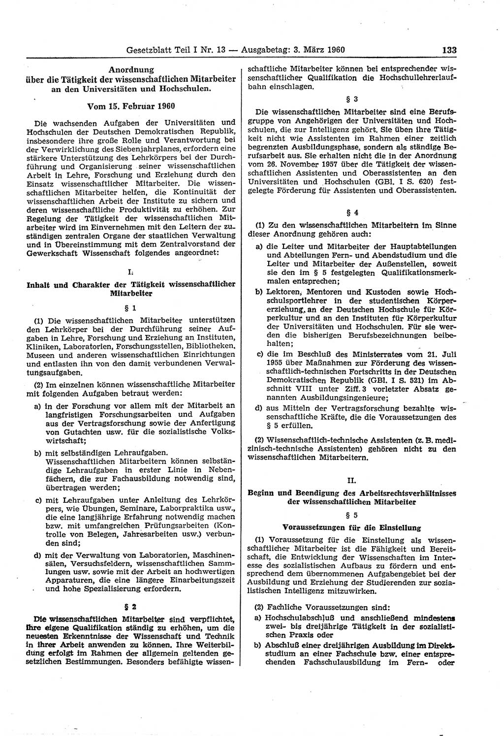 Gesetzblatt (GBl.) der Deutschen Demokratischen Republik (DDR) Teil Ⅰ 1960, Seite 133 (GBl. DDR Ⅰ 1960, S. 133)