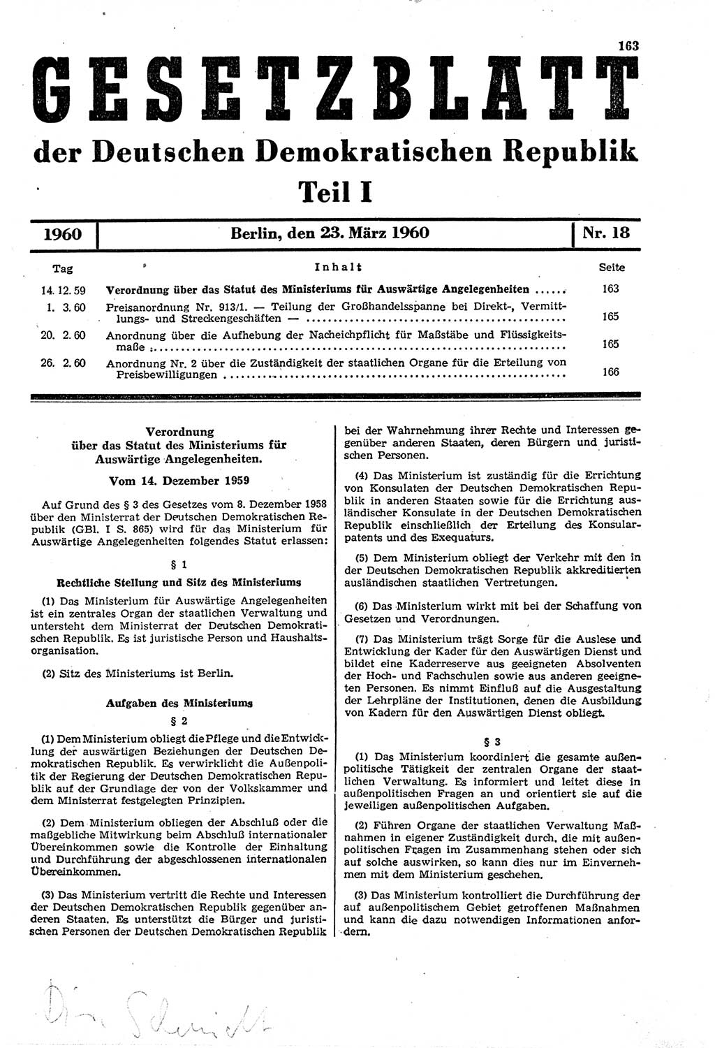 Gesetzblatt (GBl.) der Deutschen Demokratischen Republik (DDR) Teil Ⅰ 1960, Seite 163 (GBl. DDR Ⅰ 1960, S. 163)
