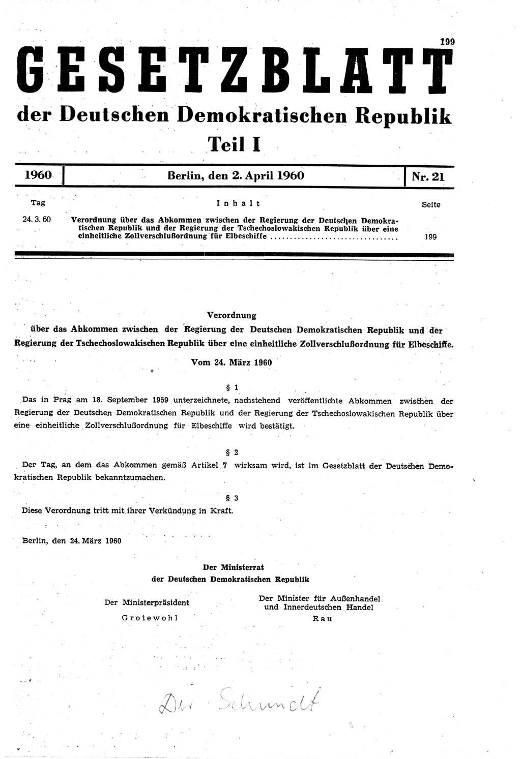 Gesetzblatt (GBl.) der Deutschen Demokratischen Republik (DDR) Teil Ⅰ 1960, Seite 199 (GBl. DDR Ⅰ 1960, S. 199)
