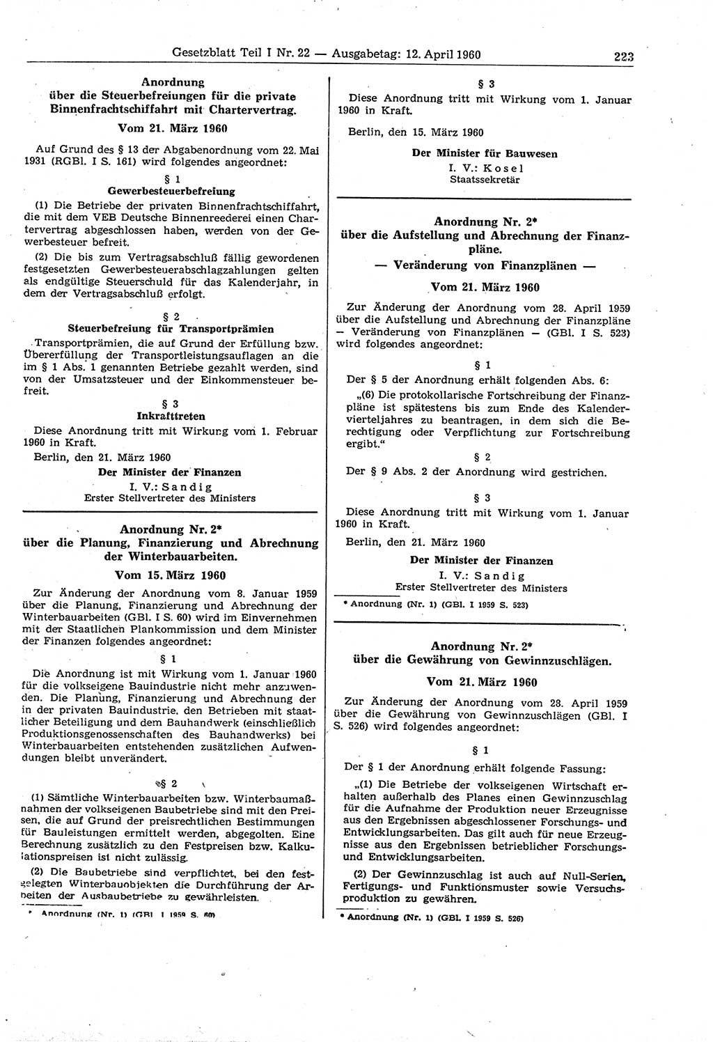Gesetzblatt (GBl.) der Deutschen Demokratischen Republik (DDR) Teil Ⅰ 1960, Seite 223 (GBl. DDR Ⅰ 1960, S. 223)