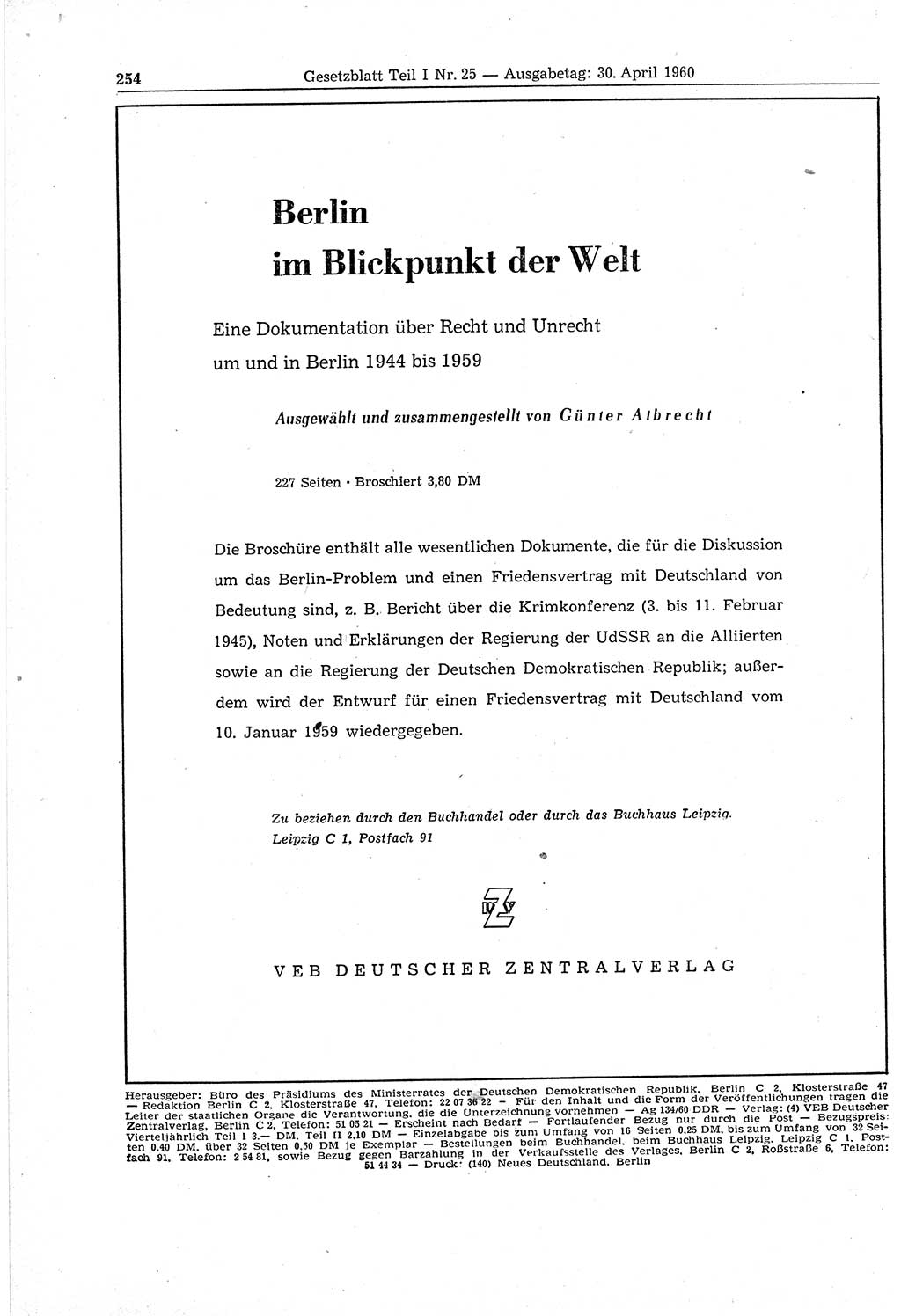 Gesetzblatt (GBl.) der Deutschen Demokratischen Republik (DDR) Teil Ⅰ 1960, Seite 254 (GBl. DDR Ⅰ 1960, S. 254)
