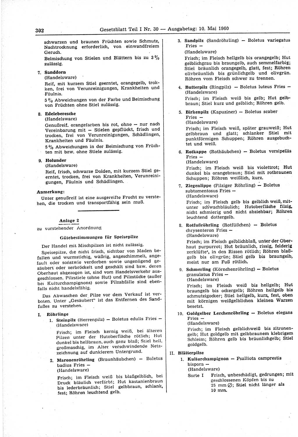 Gesetzblatt (GBl.) der Deutschen Demokratischen Republik (DDR) Teil Ⅰ 1960, Seite 302 (GBl. DDR Ⅰ 1960, S. 302)